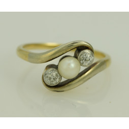 Pierścionek złoty Art  Deco Perła + diamenty